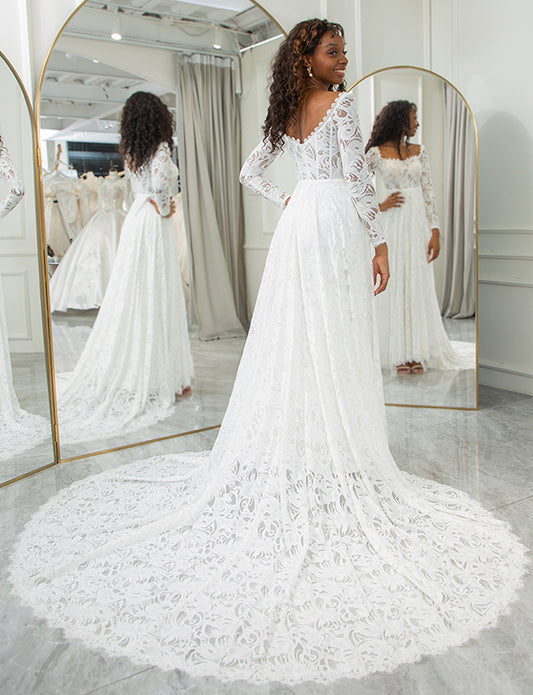 Robe de mariée bohème en mousseline de soie à col carré ivoire avec dentelle