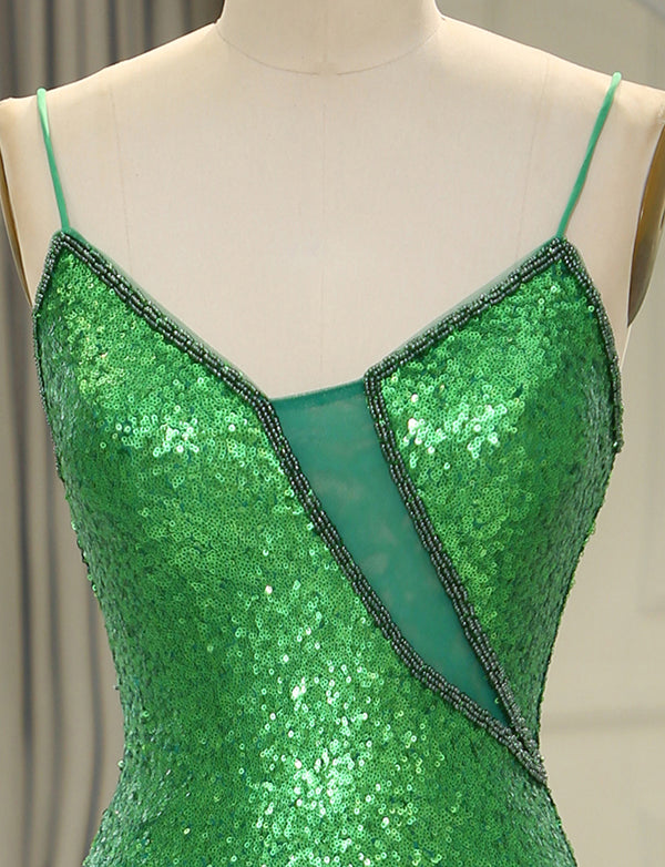 Robe de bal de fin d'année à bretelles spaghetti vertes pailletées