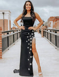 Robe de bal de fin d'année noire sans bretelles avec étoiles brillantes