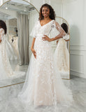 Robe de mariage de plage bohémienne à manches courtes et col en V