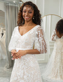 Robe de mariage de plage bohémienne à manches courtes et col en V