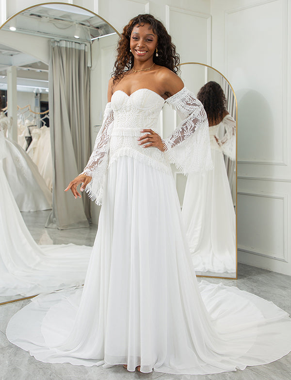 Dressself Robe de mariée bohème à manches évasées détachables et