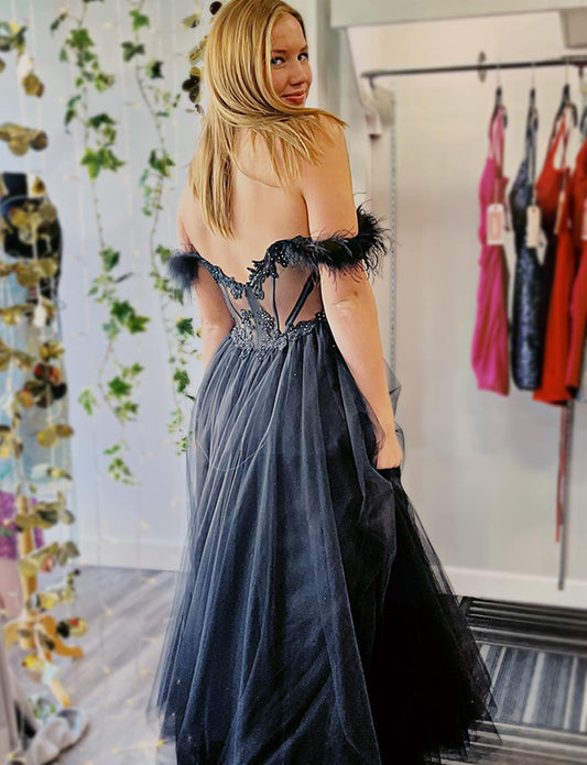 Robe de soirée longue en tulle noir étincelant avec dentelle