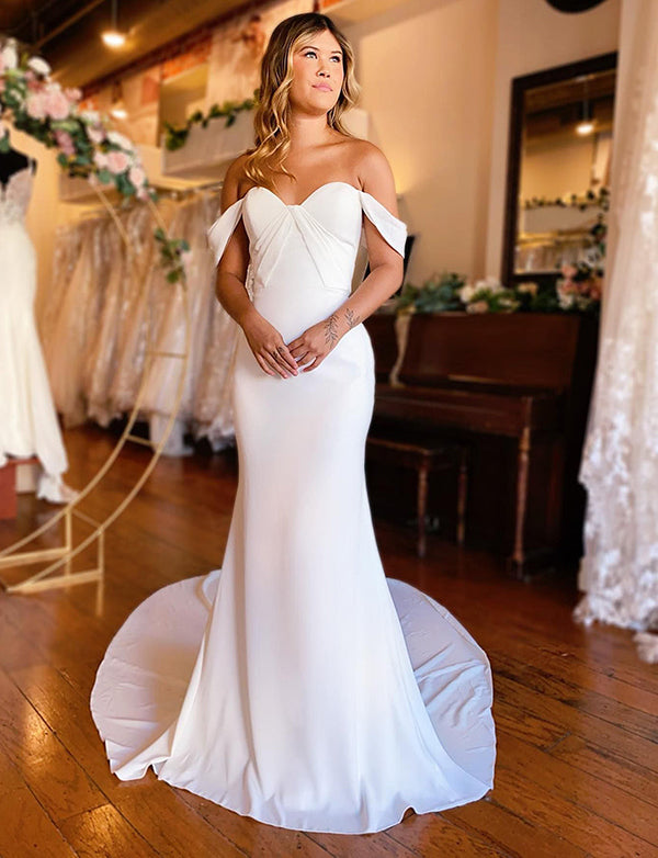 Robe de mariée boho blanche à épaules dégagées et sirène