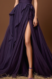 Élégante robe de bal longue à épaules dénudées violette avec fente