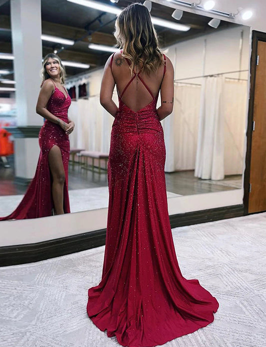 Robe longue de bal de fin d'année rouge foncé avec fente