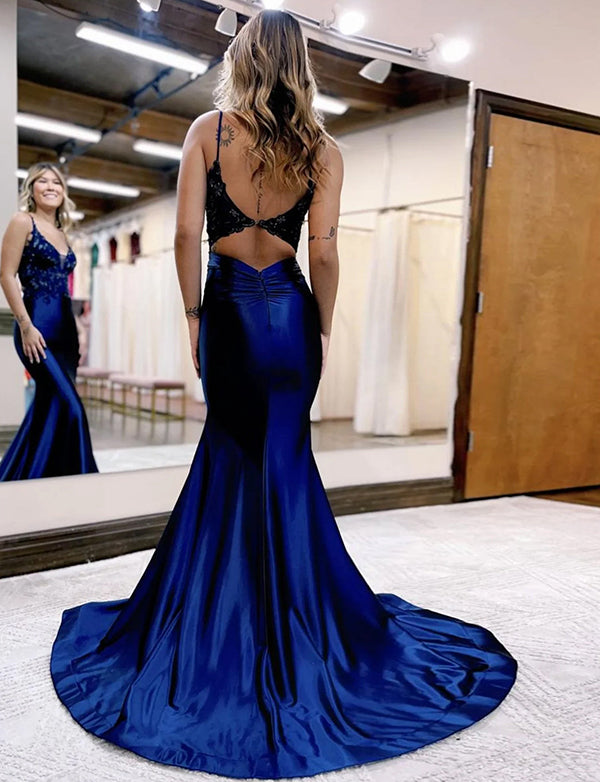 Robe de bal de fin d'année longue, perlée et ouverte dans le dos