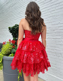 Robe de bal rouge en forme de A à épaules dénudées avec nœud papillon