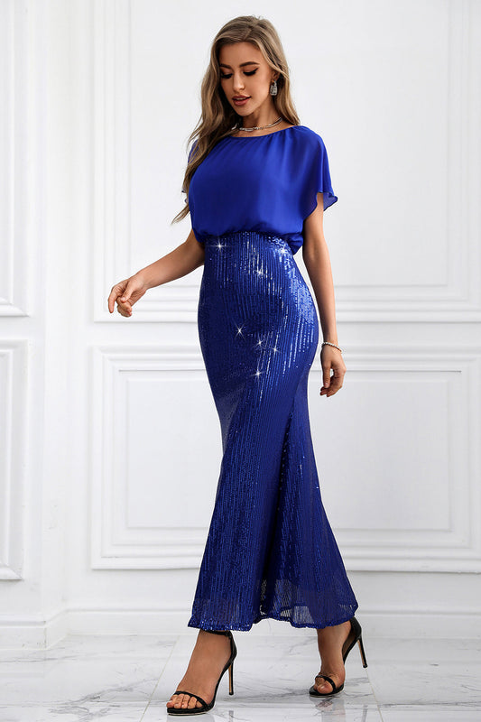 Robe maxi sirène à manches chauve-souris bleu royal scintillant