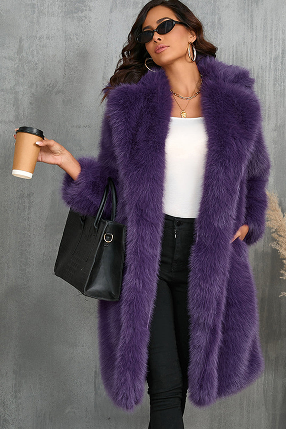 Camel revers cranté long fausse fourrure long Shaggy femmes manteau