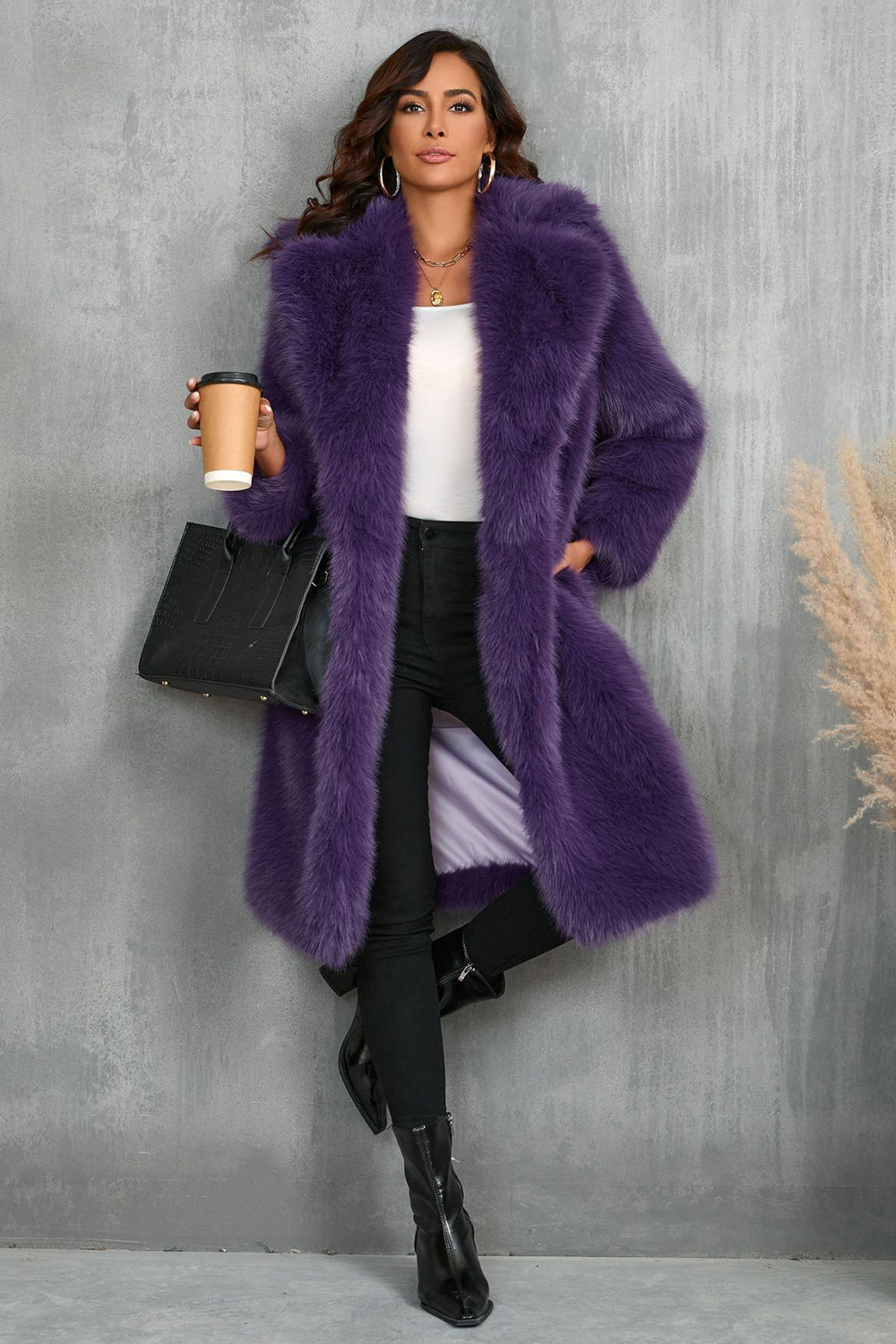 Camel revers cranté long fausse fourrure long Shaggy femmes manteau
