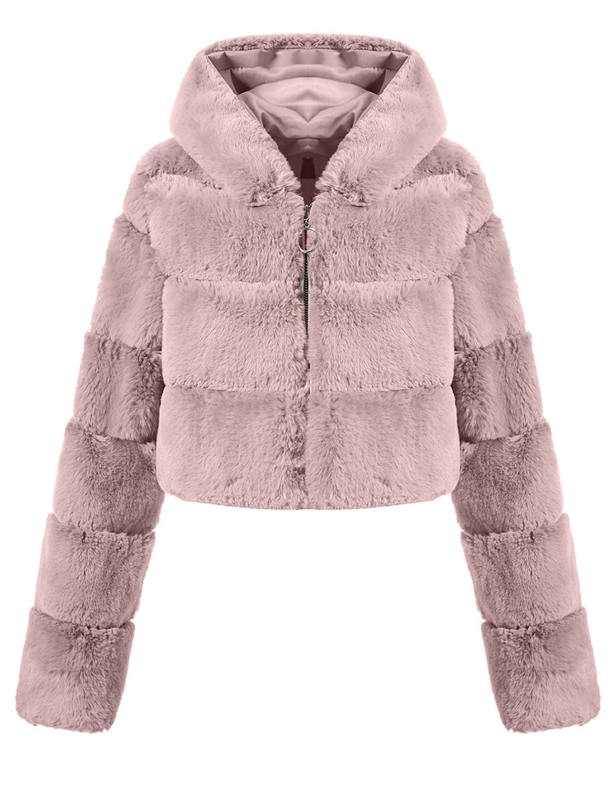 Manteau court d'hiver en fourrure moelleuse et chaude pour femme, kaki, à capuche, de haute qualité