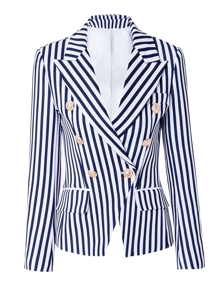 Veste femme taille fine avec revers pointus, à rayures blanches et bleues
