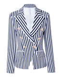 Veste femme taille fine avec revers pointus, à rayures blanches et bleues