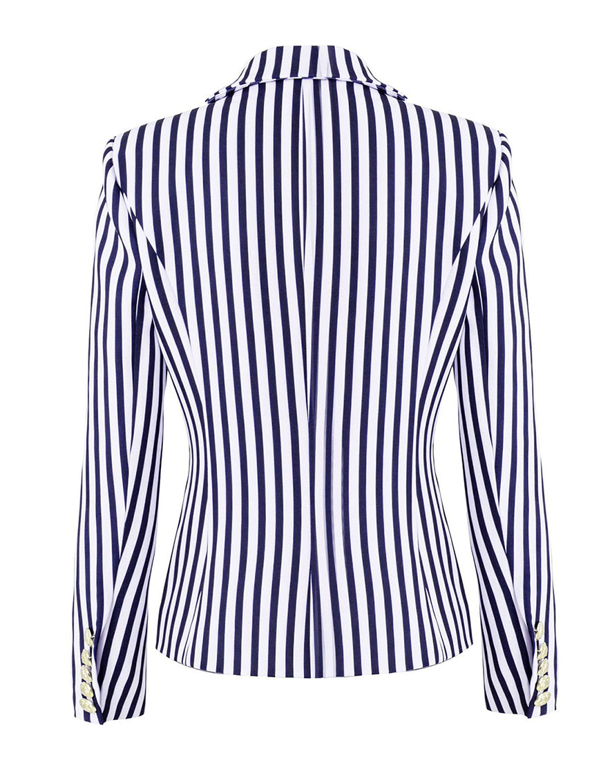 Veste femme taille fine avec revers pointus, à rayures blanches et bleues