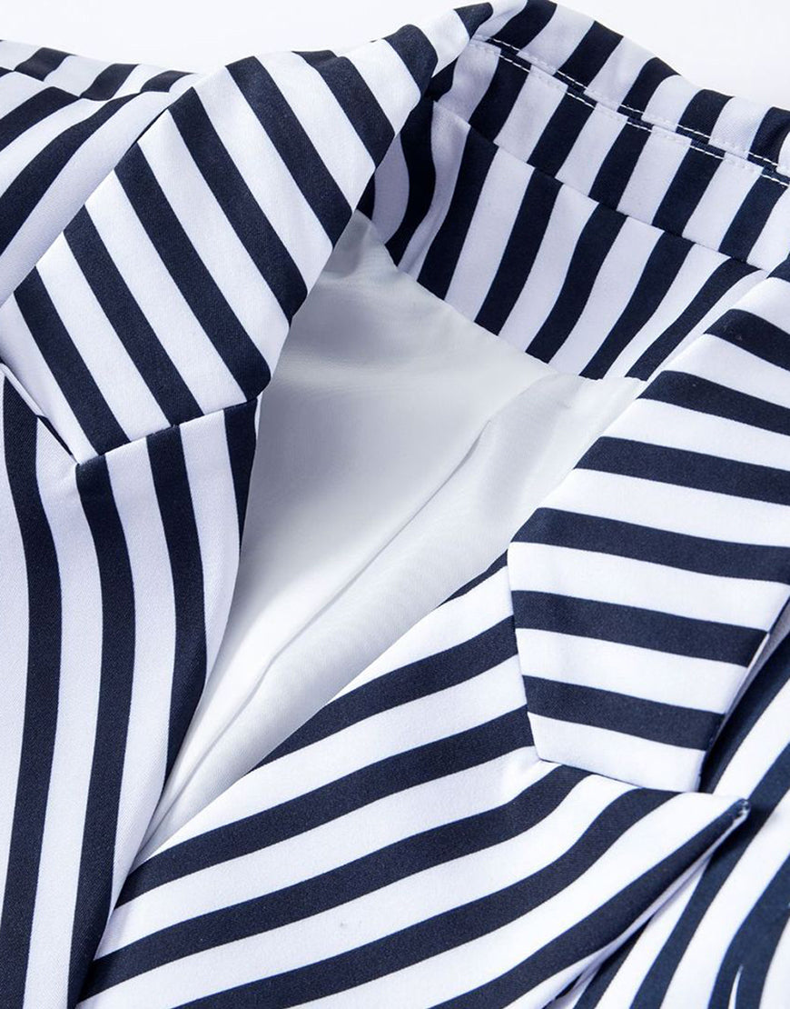 Veste femme taille fine avec revers pointus, à rayures blanches et bleues