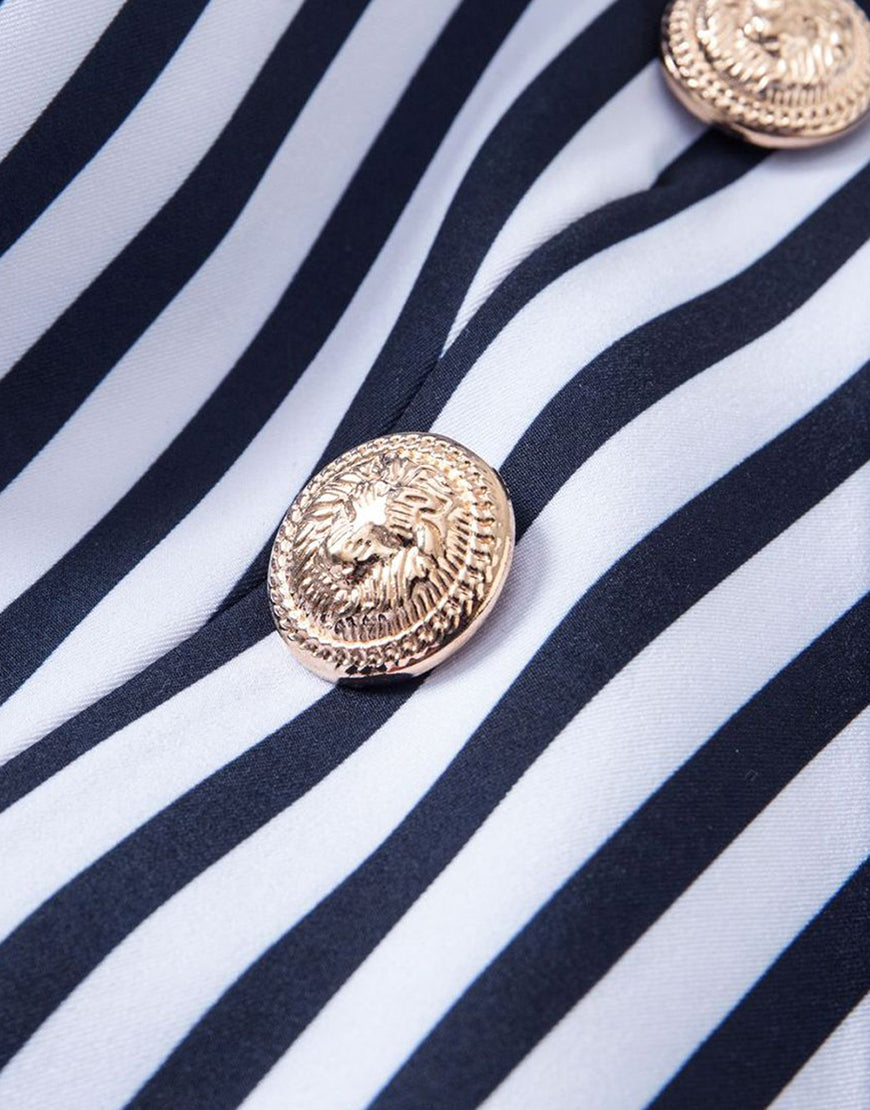 Veste femme taille fine avec revers pointus, à rayures blanches et bleues