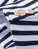 Veste femme taille fine avec revers pointus, à rayures blanches et bleues