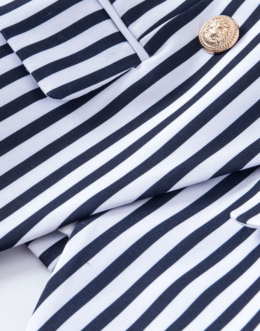 Veste femme taille fine avec revers pointus, à rayures blanches et bleues
