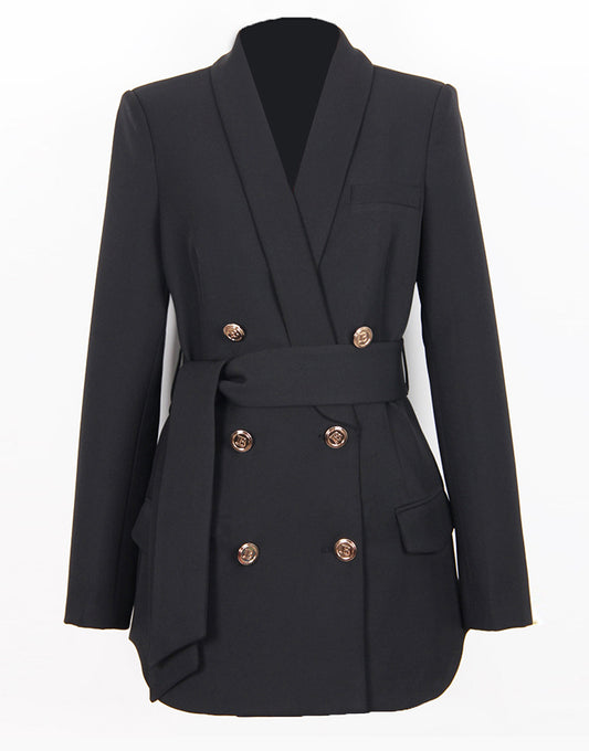 Veste féminine double-breasted avec revers en cachemire noir et une ceinture
