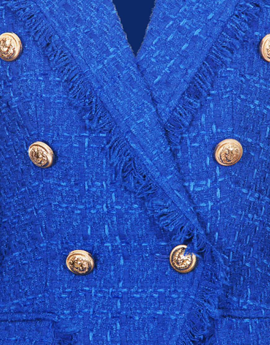 Veste pour femmes double-breasted avec revers en pointillé bleu royal et glands