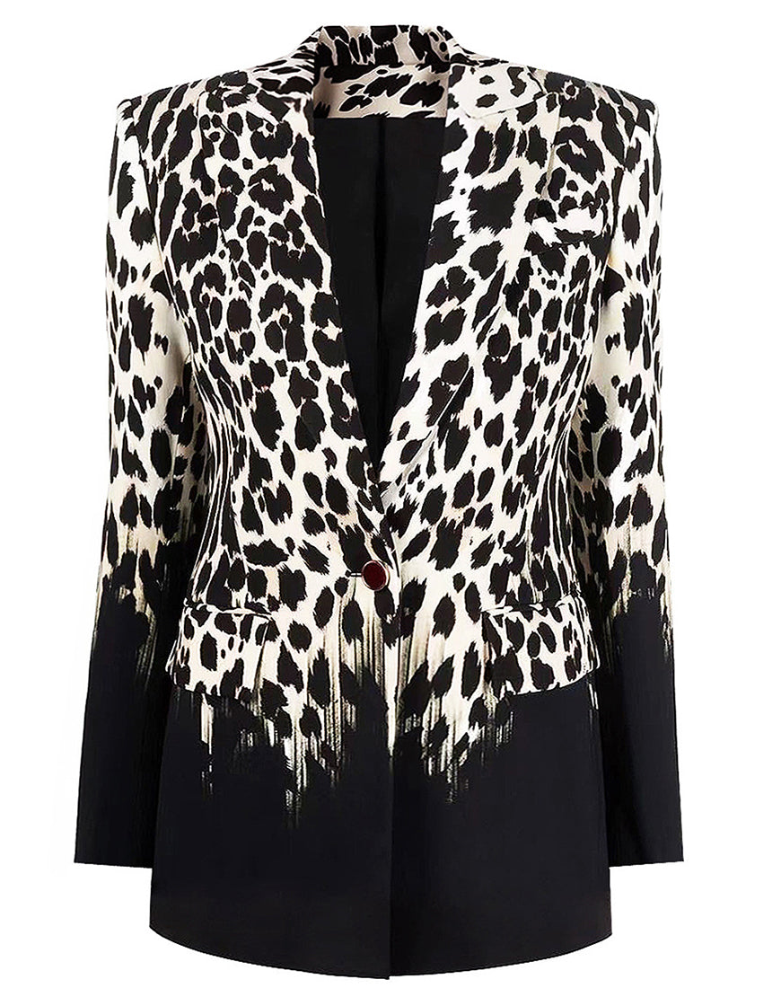 Veste de femme à revers pointus, à une boucle unique, avec motif de léopard noir et blanc