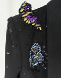 Tailleur féminin 2 pièces avec écharpe noire à revers de mousseline cristal et papillons de paillettes
