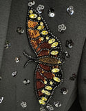 Tailleur féminin 2 pièces avec écharpe noire à revers de mousseline cristal et papillons de paillettes