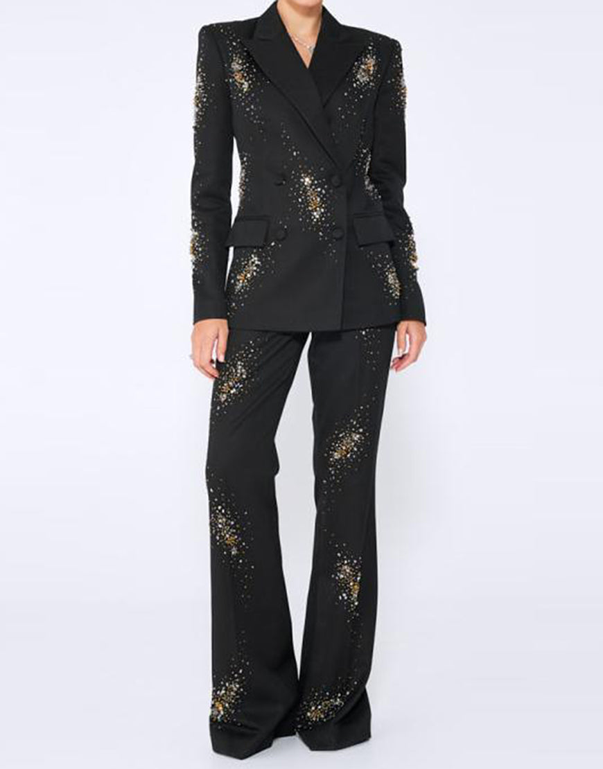 Costume féminin 2 pièces slim fit à revers pointus noir scintillant et double boutonnage