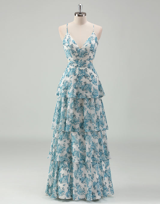 Robe de bal en A avec des volants en cascade de mousseline blanche-bleue et fleuri