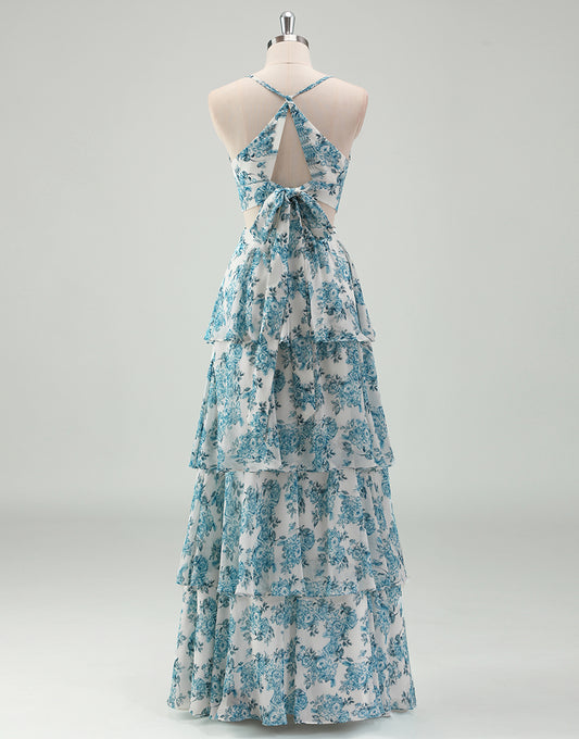 Robe de bal en A avec des volants en cascade de mousseline blanche-bleue et fleuri