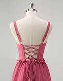 Rusty Rose Robe longue de bal en ligne A avec dos en lacet spaghetti, fente et coupe A-line