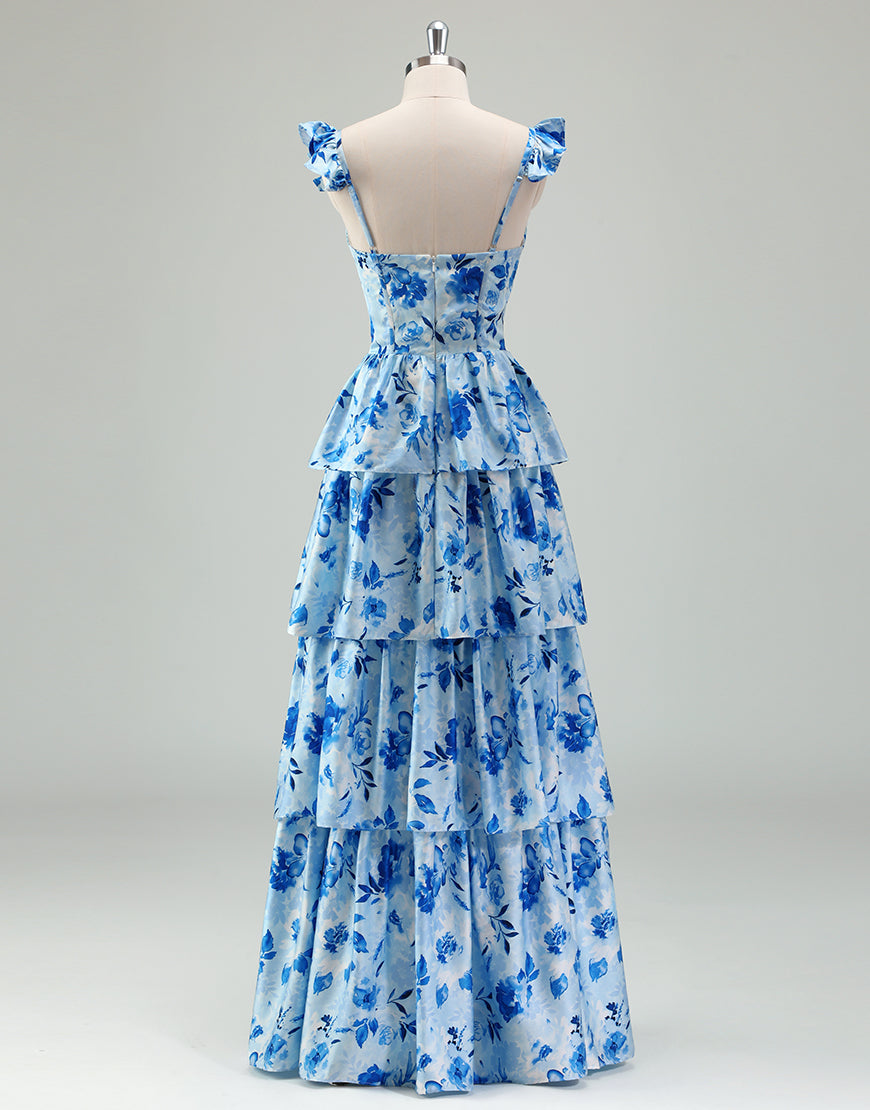 Robe de bal bleue en ligne A, avec un décolleté en poche et des volants en cascade