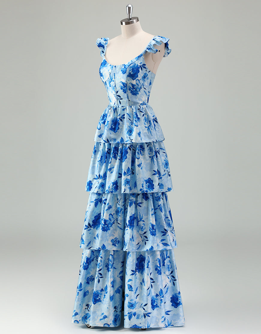 Robe de bal bleue en ligne A, avec un décolleté en poche et des volants en cascade
