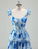 Robe de bal bleue en ligne A, avec un décolleté en poche et des volants en cascade