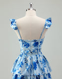 Robe de bal bleue en ligne A, avec un décolleté en poche et des volants en cascade