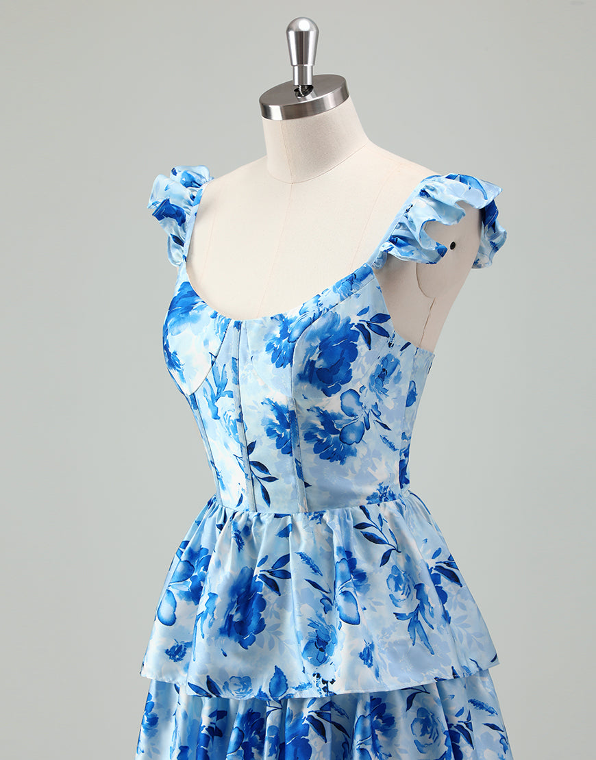 Robe de bal bleue en ligne A, avec un décolleté en poche et des volants en cascade