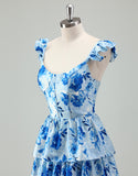 Robe de bal bleue en ligne A, avec un décolleté en poche et des volants en cascade