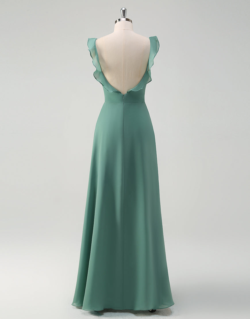 Robe de bal en tulle avec décolleté carré en ligne A d'eucalyptus et dos nu