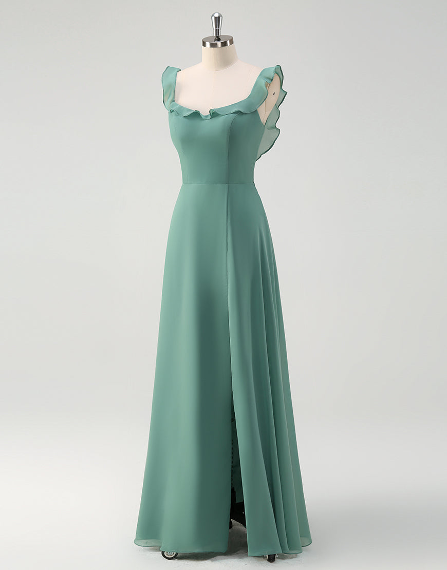 Robe de bal en tulle avec décolleté carré en ligne A d'eucalyptus et dos nu