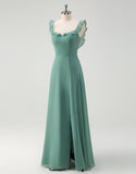 Robe de bal en tulle avec décolleté carré en ligne A d'eucalyptus et dos nu