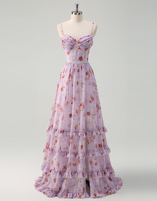 Robe de bal enfilable avec lacets imprimée en pâtes grises et violettes en dentelle