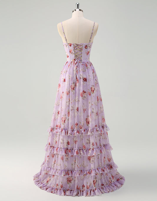 Robe de bal enfilable avec lacets imprimée en pâtes grises et violettes en dentelle