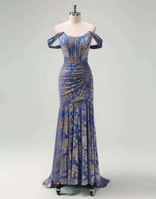 Robe de bal avec application en col bateau mermaid gris-bleu