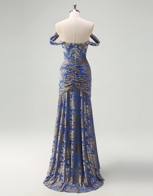 Robe de bal avec application en col bateau mermaid gris-bleu