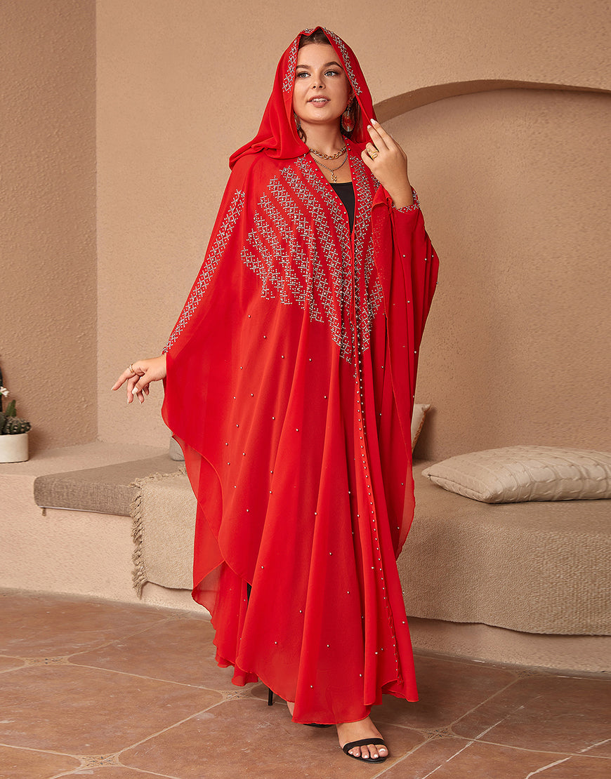Robe Longue en Chiffon avec Manches Chauve-Souris et Capuche
