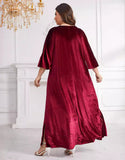 Robe Longue Décontractée en Velours Coréen avec Manches 3/4 et Col Rond