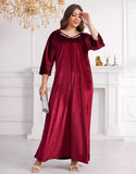 Robe Longue Décontractée en Velours Coréen avec Manches 3/4 et Col Rond