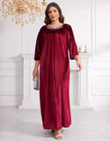 Robe Longue Décontractée en Velours Coréen avec Manches 3/4 et Col Rond