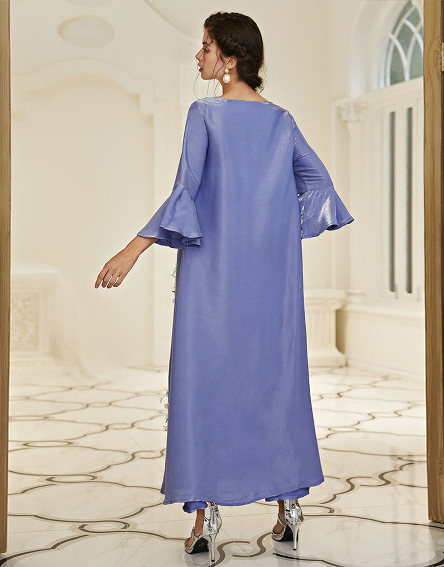 Robe A-Line Vintage en Satin avec Col Rond Manches Longues à Volants